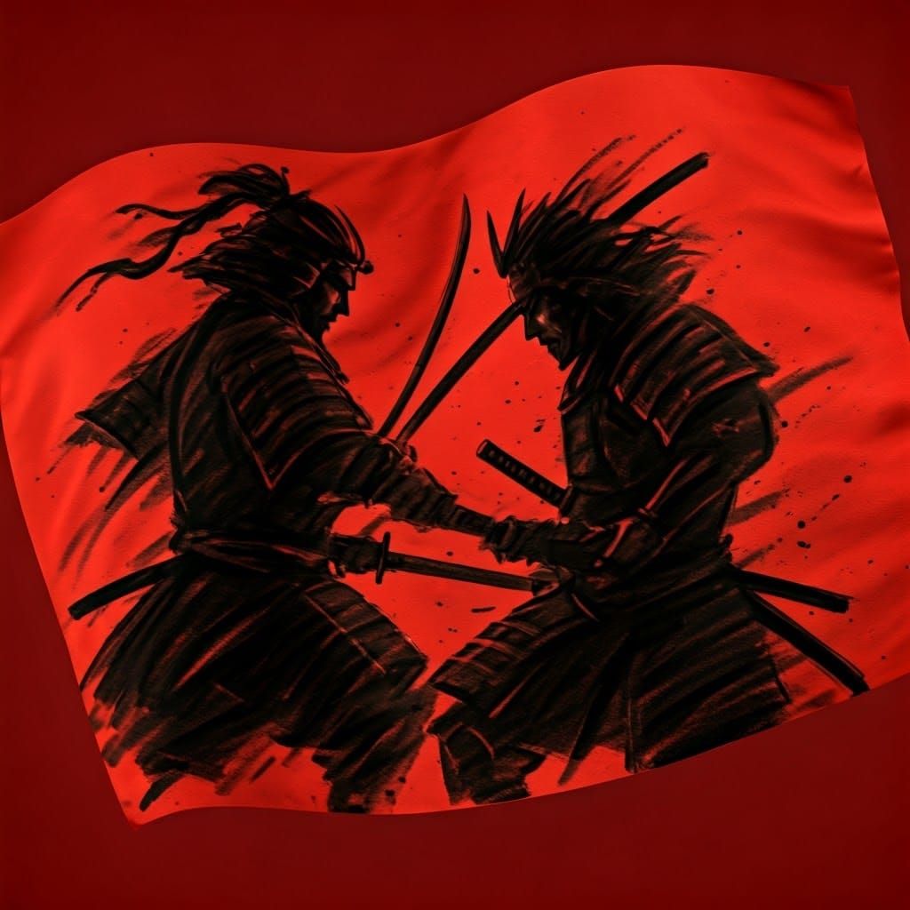 Samurai Duel on Crimson Ribbon Canvas