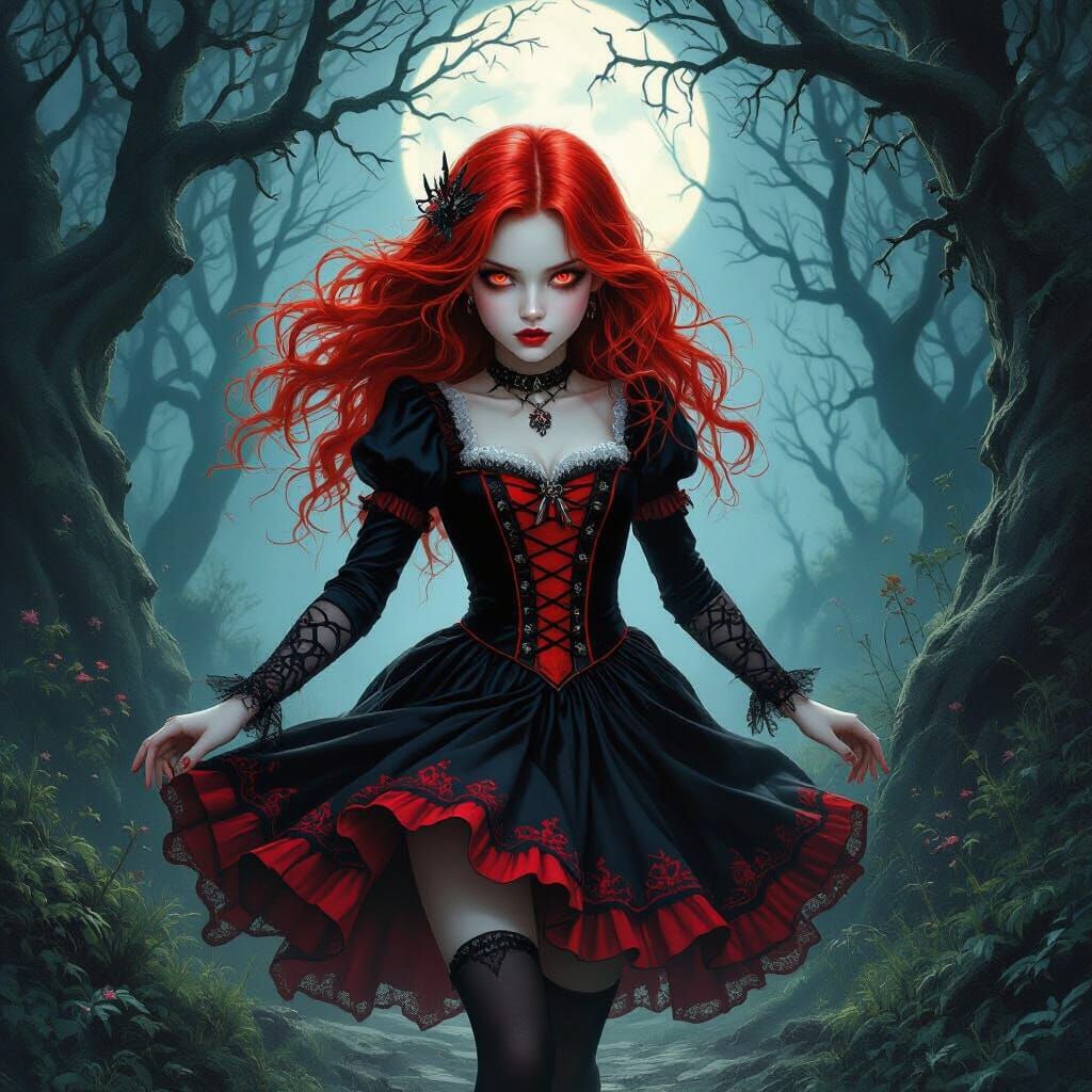 Gothic Vampire Girl Running Through Enchanted Forest
