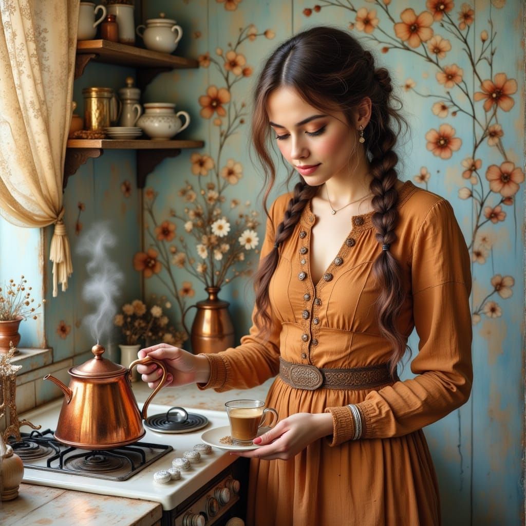Rustic Kitchen: Woman Making Coffee in Digital Art Style