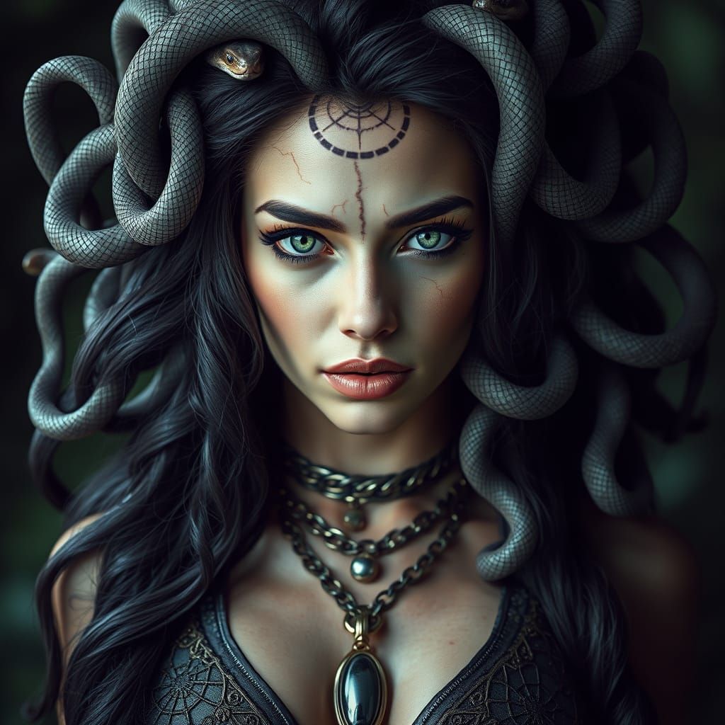 Medusa-Inspired Woman with Snake Hair and Rune