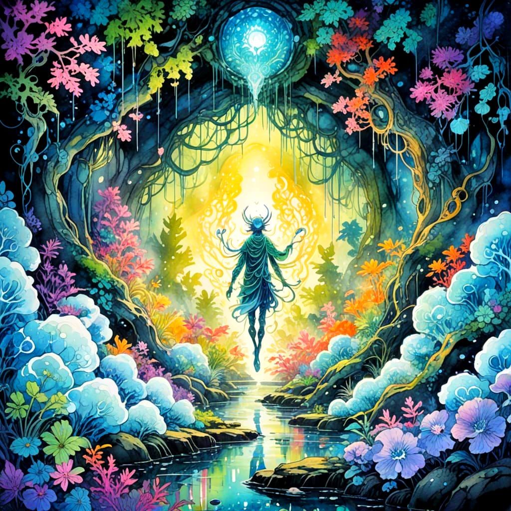 Opalescent Forest Creature in Psychedelic Manga Style