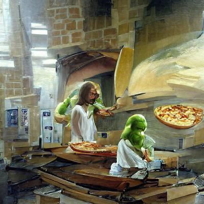 Jesus and Shrek Making Pizza as Oil Painting