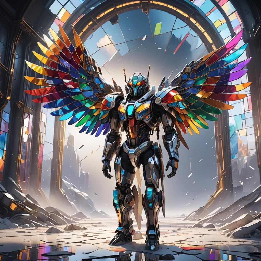 Biomechanical Astronaut with Rainbow Wings in Sci-Fi Wastela...