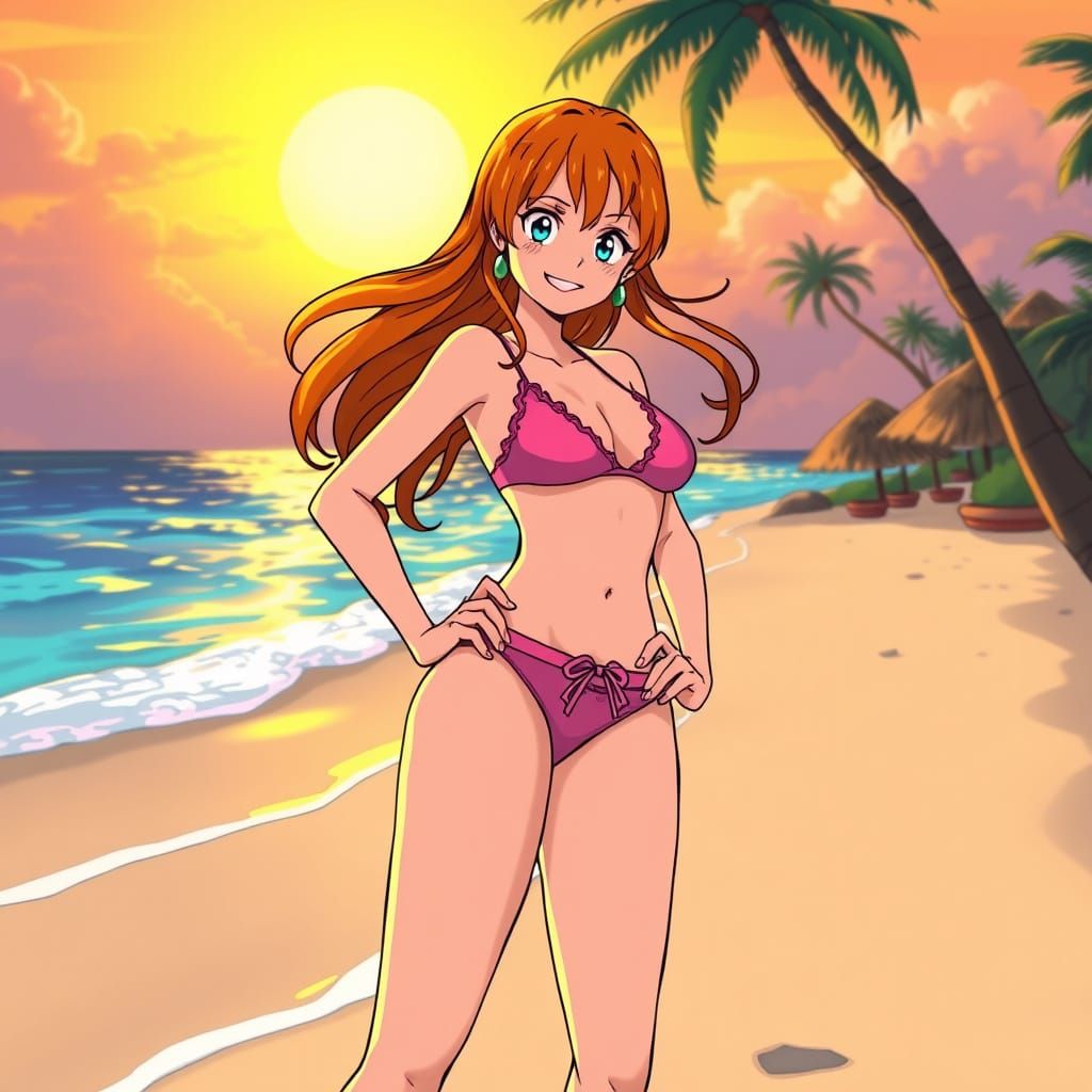 Nami in Bikini on Tropical Beach at Sunset