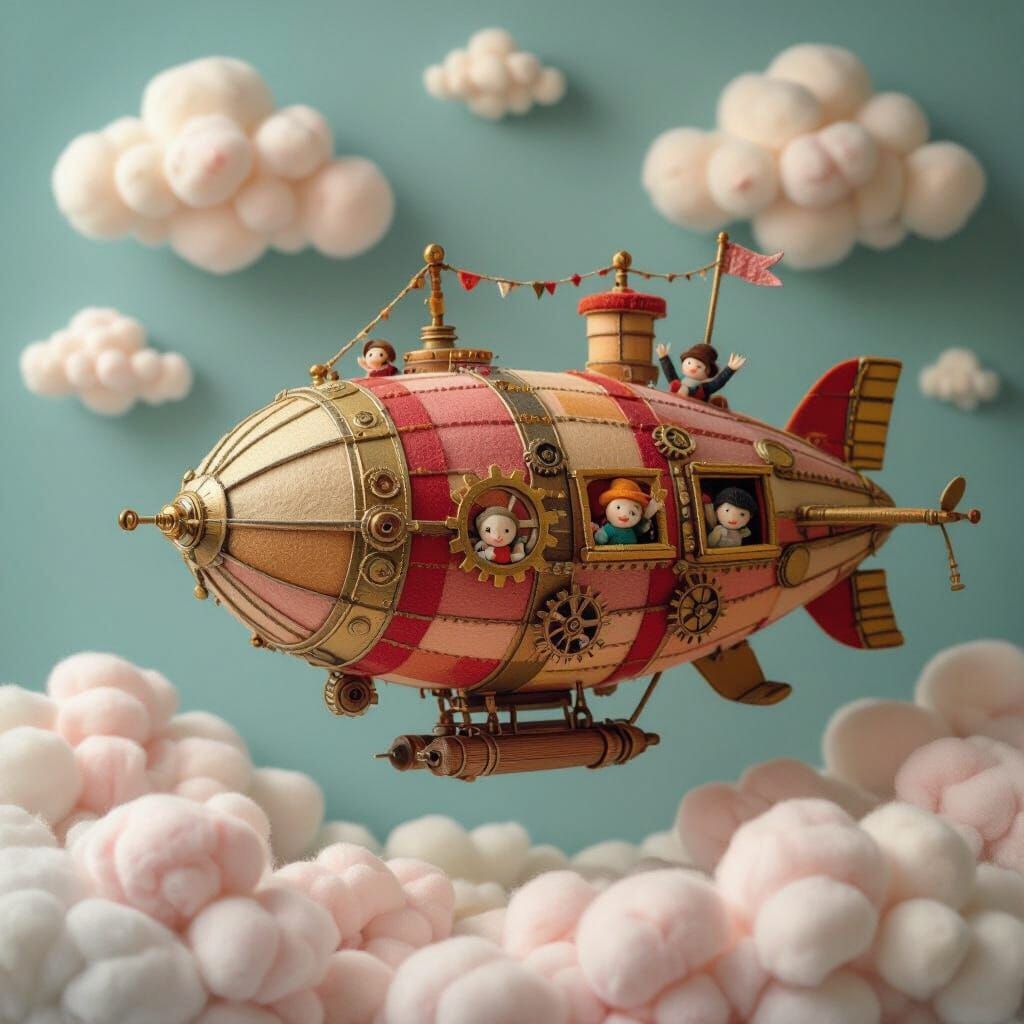 Steampunk Airship in Felt, Ghibli-Inspired Diorama