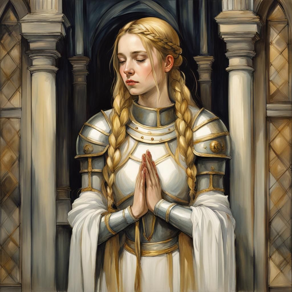 Lady Knight Praying in Chapel, Pre-Raphaelite Watercolor