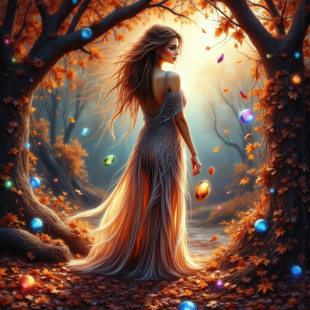 Bohemian Figure in Autumn Vortex With Luminous Orbs