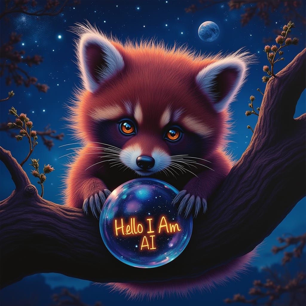 Ethereal Night Sky with Golden Raccoon and Iridescent Bubble...