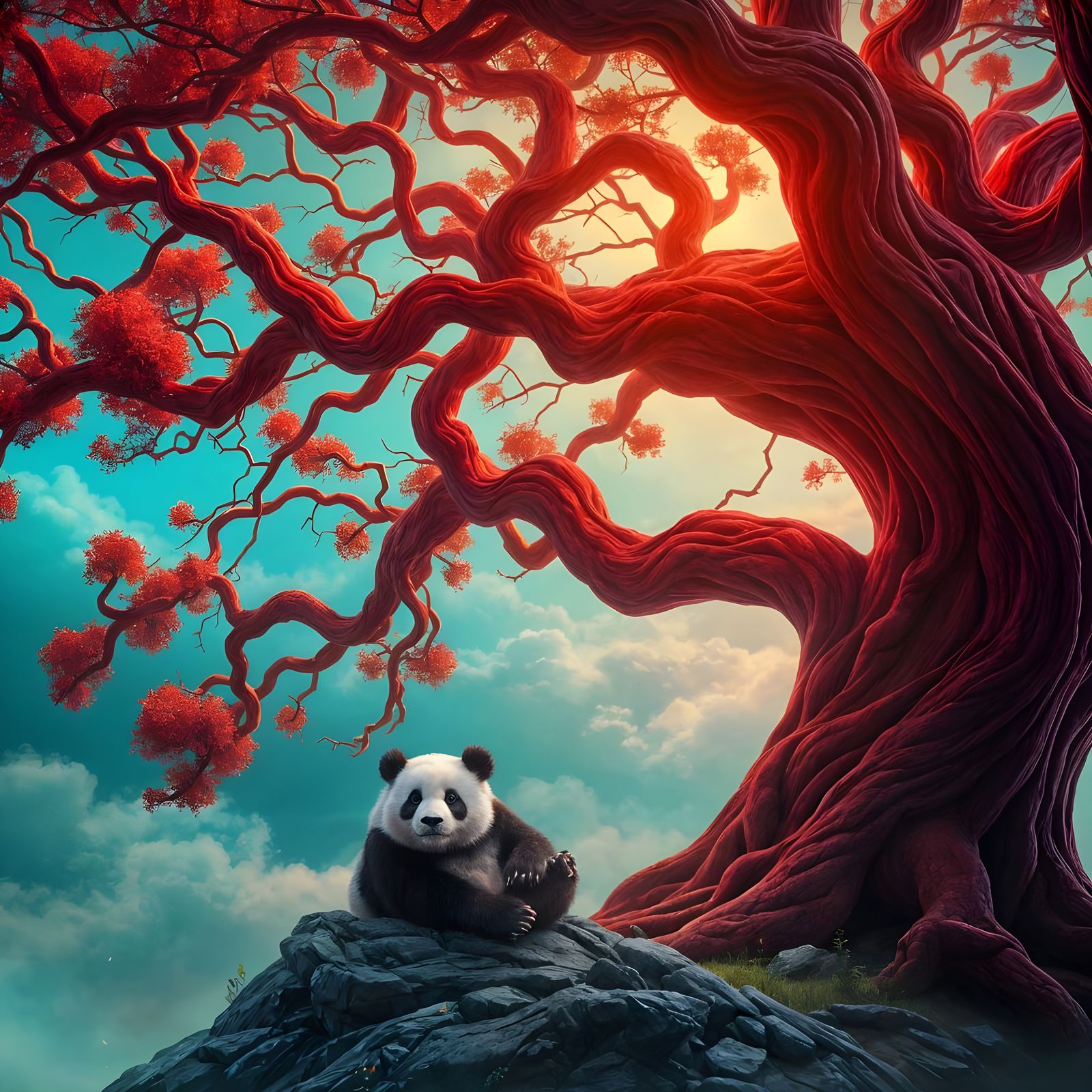 Majestic Panda Amidst Vibrant Red Canopy