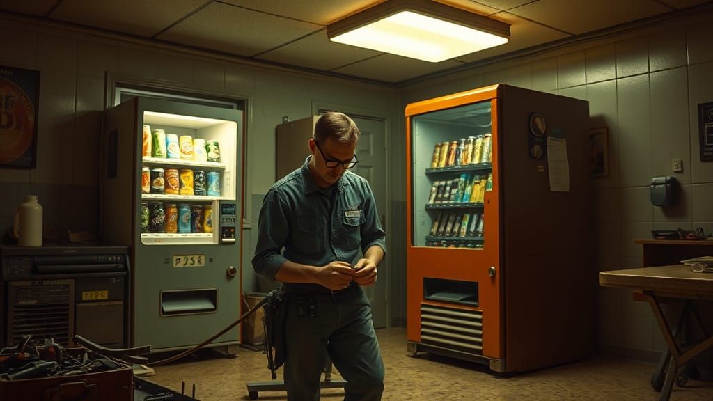 Retro-Style Technician Repairs Vending Machine in Flickering...