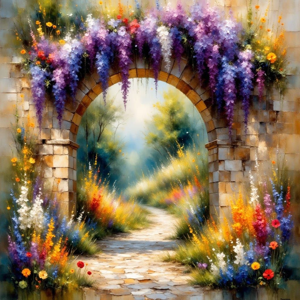 Impressionist Flower Garden Through Stone Arch
