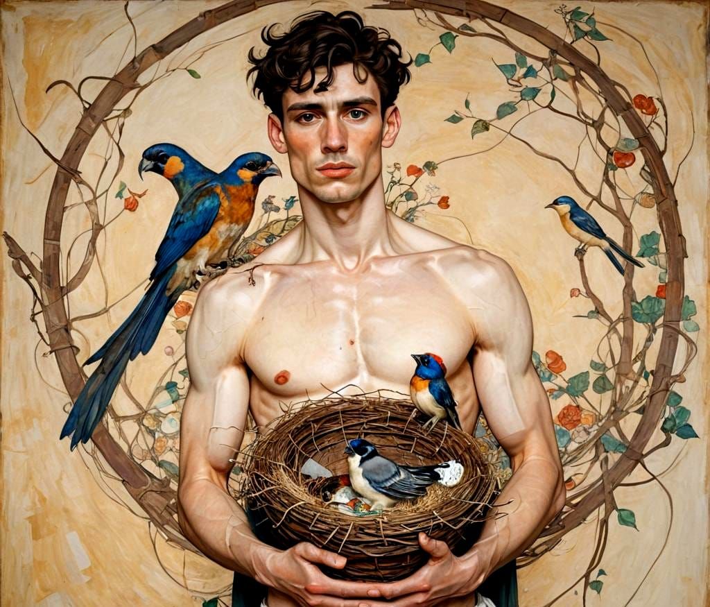 Man with Bird Nest in Klimt Style