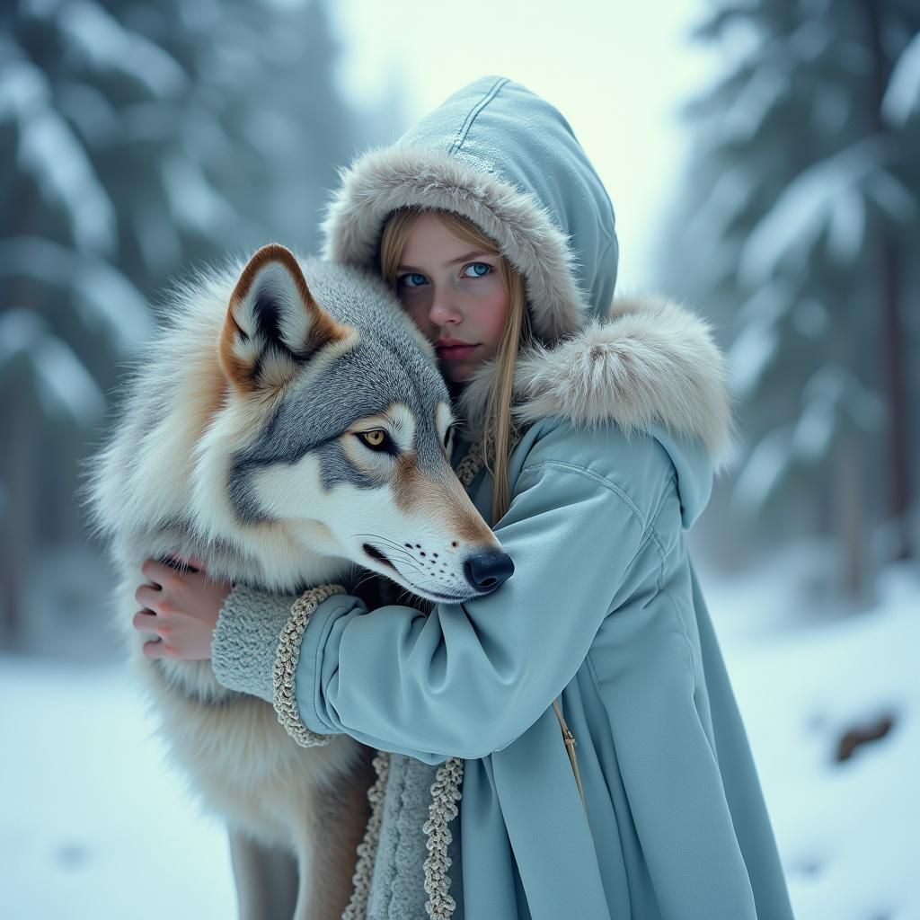 Girl and Wolf in Snowy Forest, Dreamlike Rendering