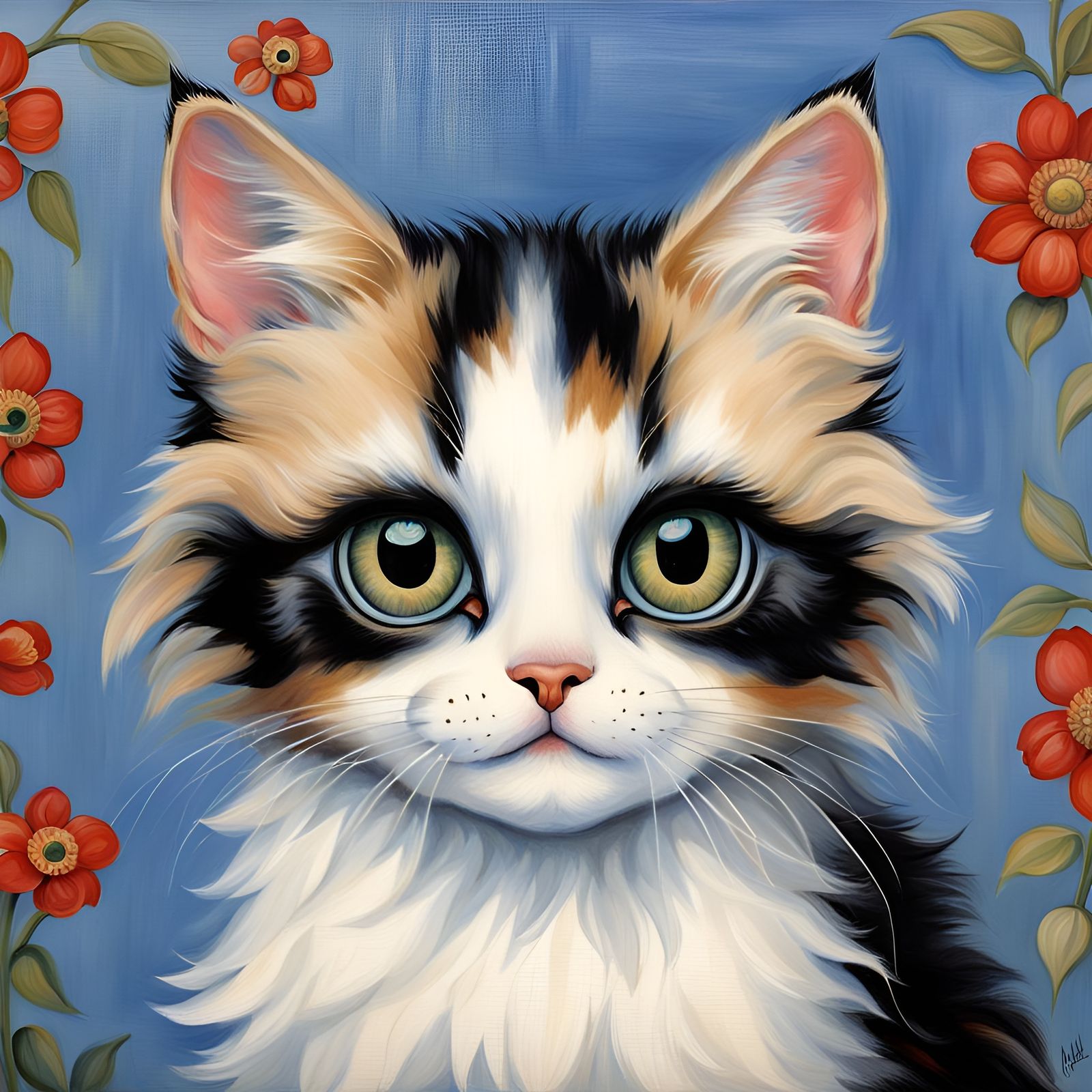 Whimsical Calico Kitten Portrait with Big Eyes
