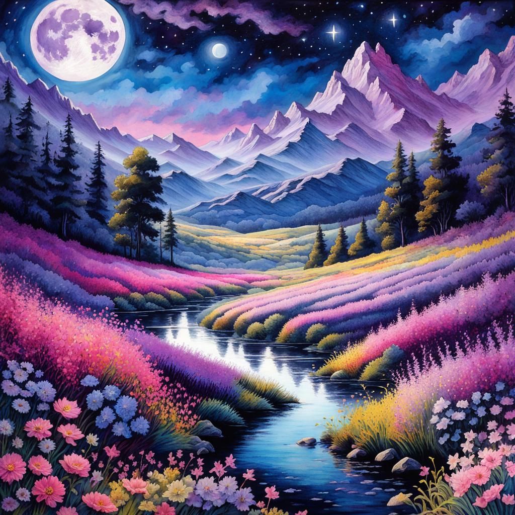 Eerie Watercolor Field with Purple Moon and Stars