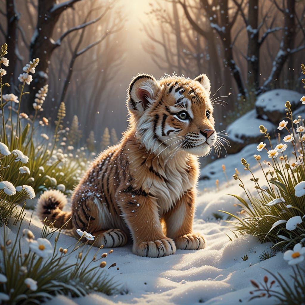 Cute Sabertooth Cub in Snowy Meadow, Ghibli Style