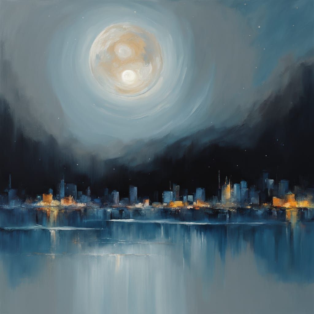Silver Night Sky Over City Lights in Impressionist Style