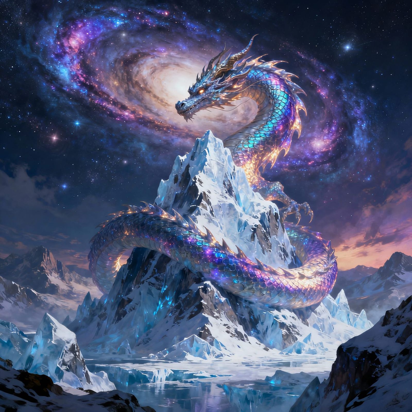 Nebula Dragon Coiled Around Frozen Peak