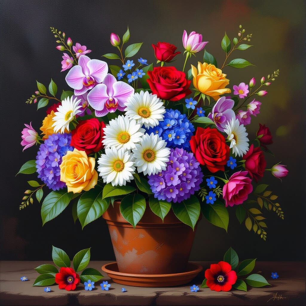 Vibrant Floral Bouquet in Terracotta Pot - Impressionist Sty...