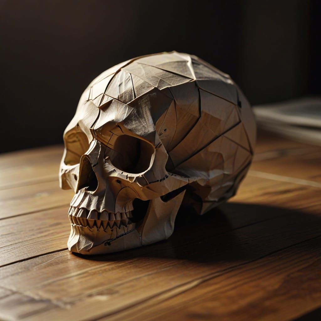 Intricate Origami Skull Sculpture with Chiaroscuro Lighting