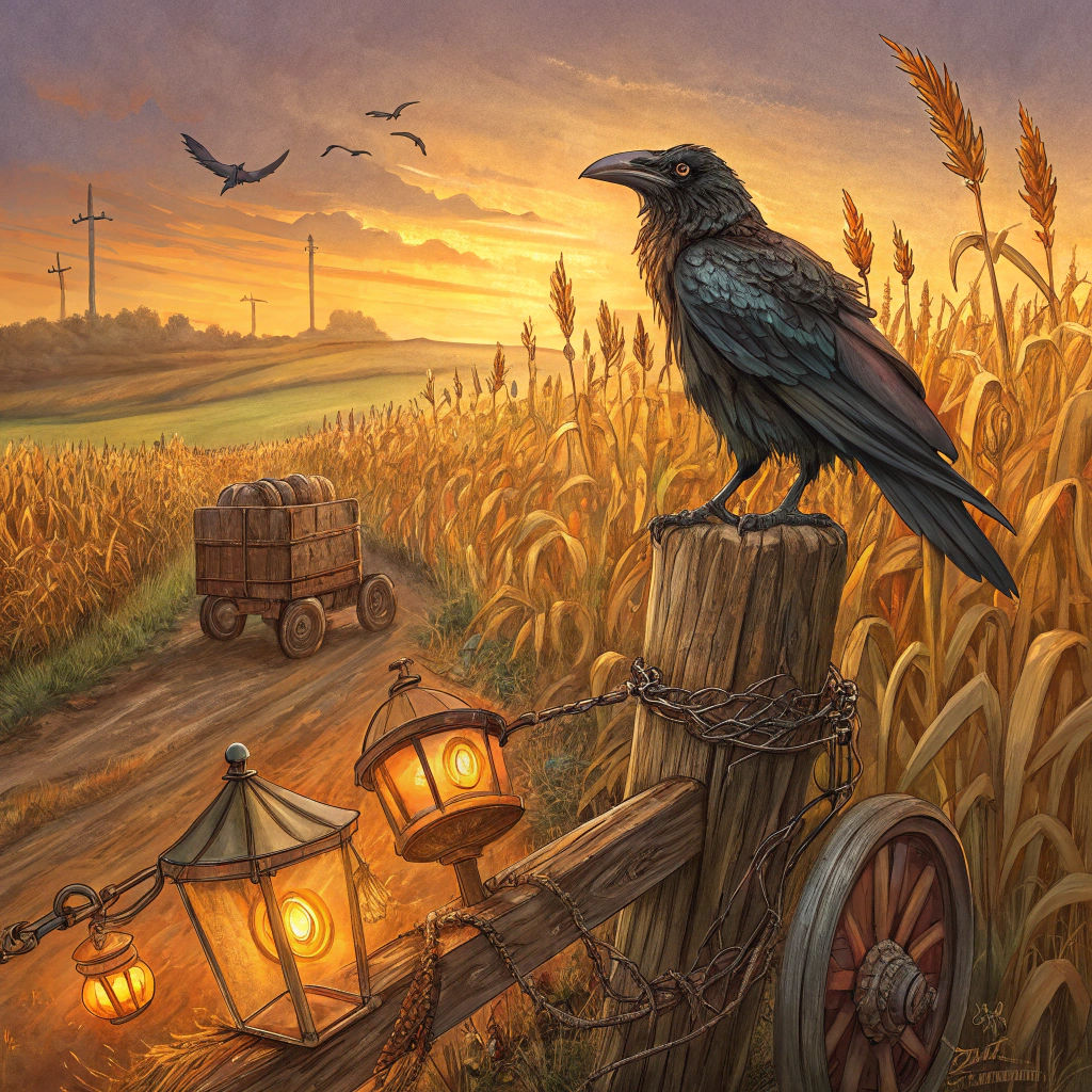 Raven in Cornfield at Sunset, in Digital Art Style