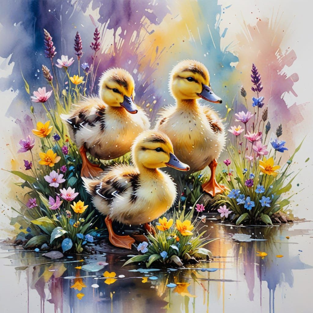 Ducklings in Wildflowers: Neo-Impressionist Oil Painting