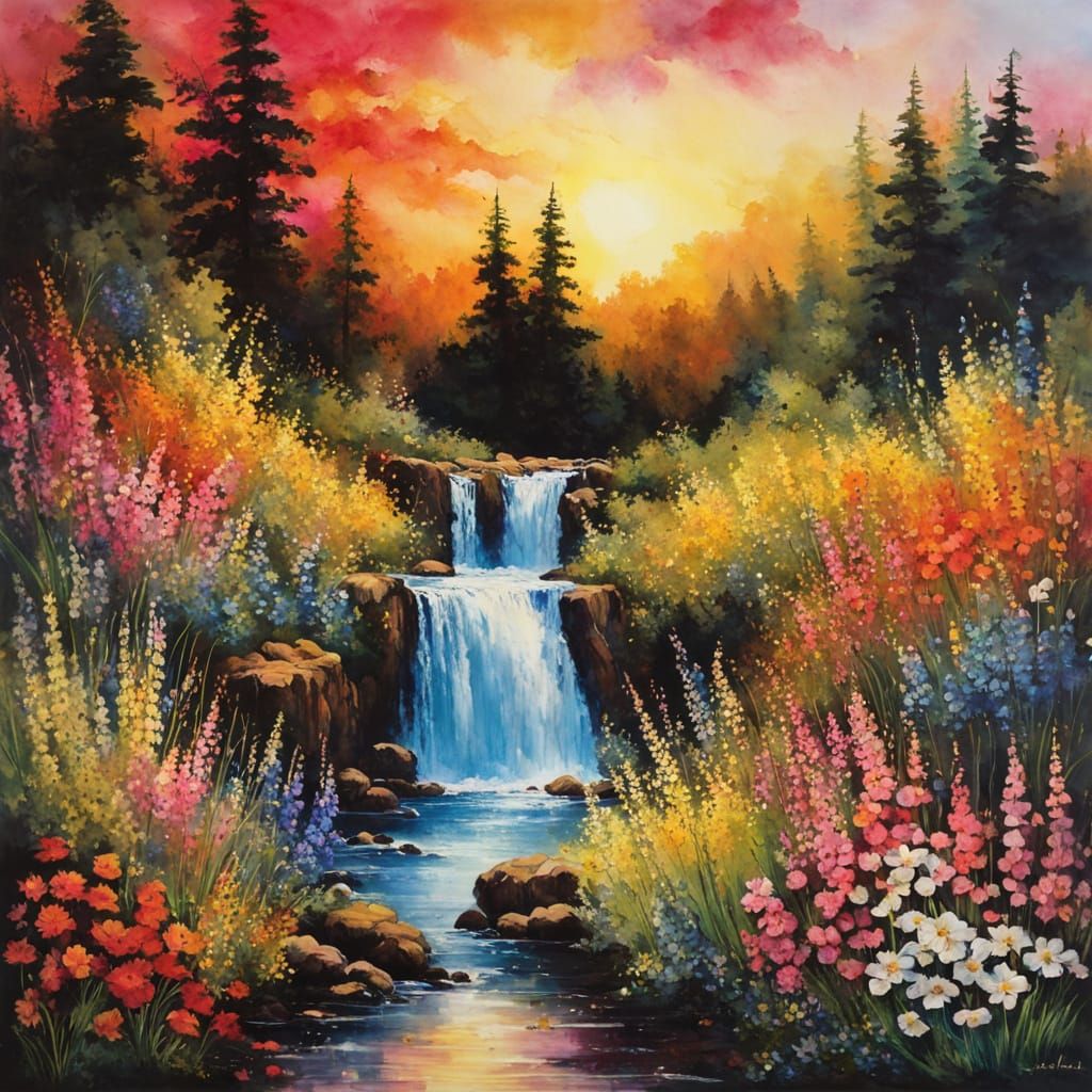Colorful Waterfall Painting with Wildflowers in Cartoon Styl...