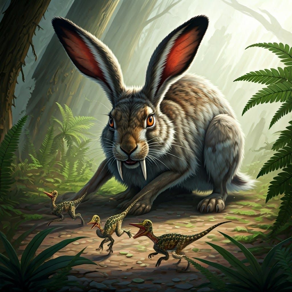 Giant Saber-Tooth Hare Pounces on Dinosaurs