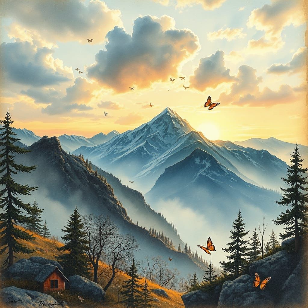Whimsical Mountain Landscape in Dreamlike Style