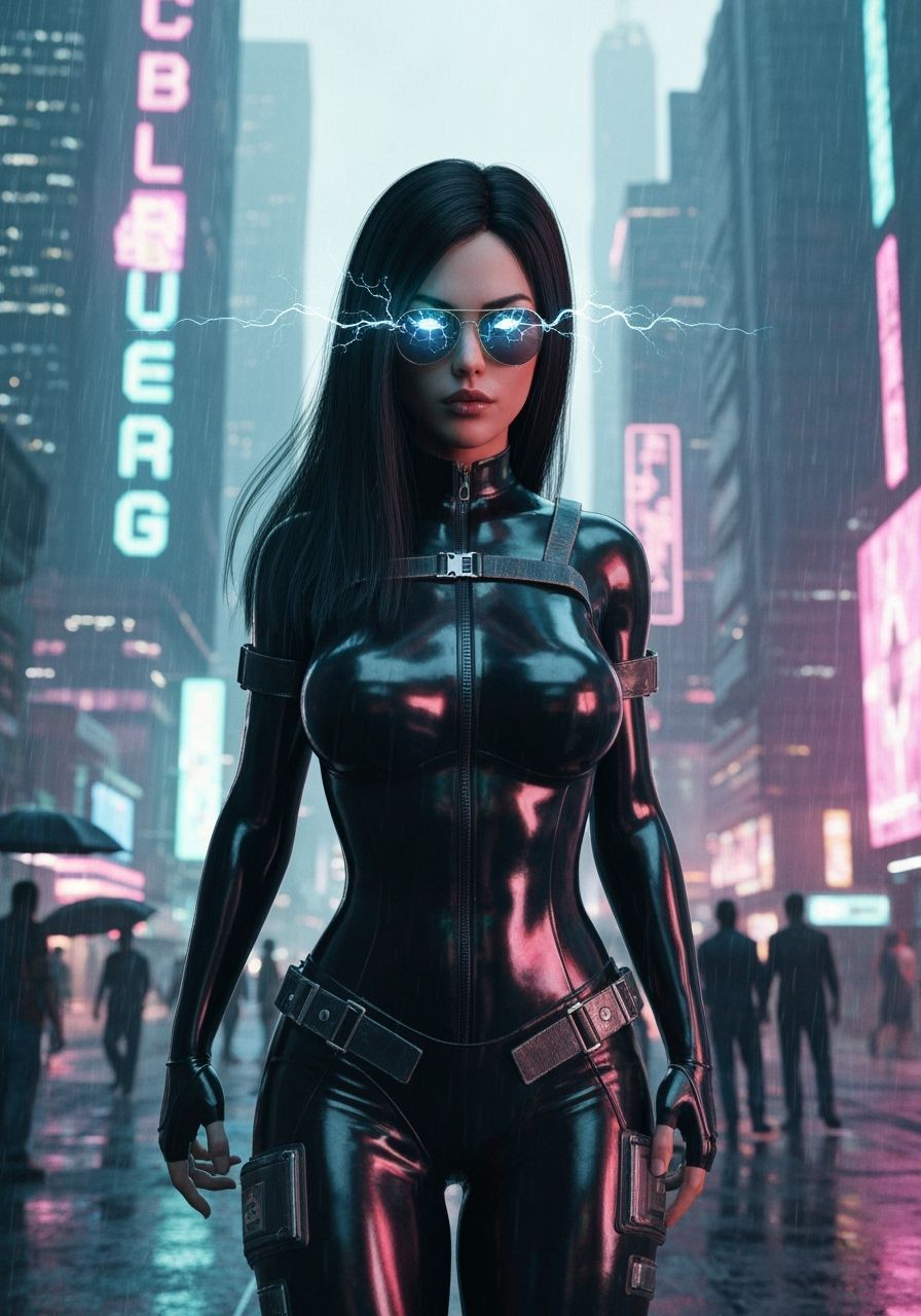 Cyberpunk Hacker in Rainy Cityscape