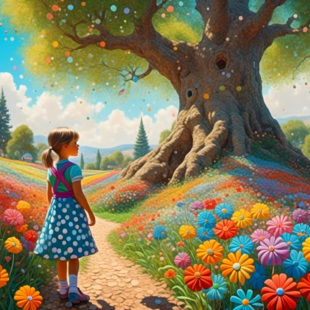 Whimsical Folk Art: Girl with Pinwheel Flowers