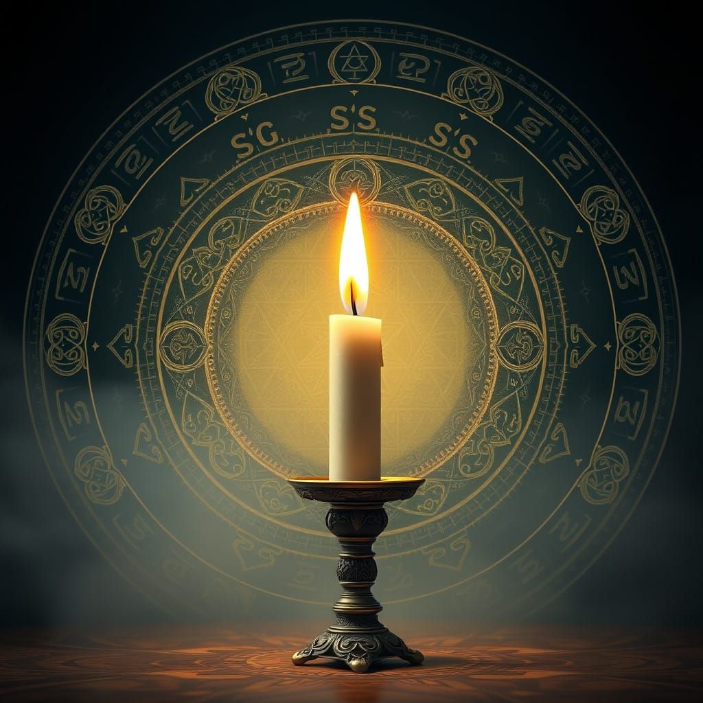 Elegant Candle with Glowing Celtic and Buddhist Symbols in a...
