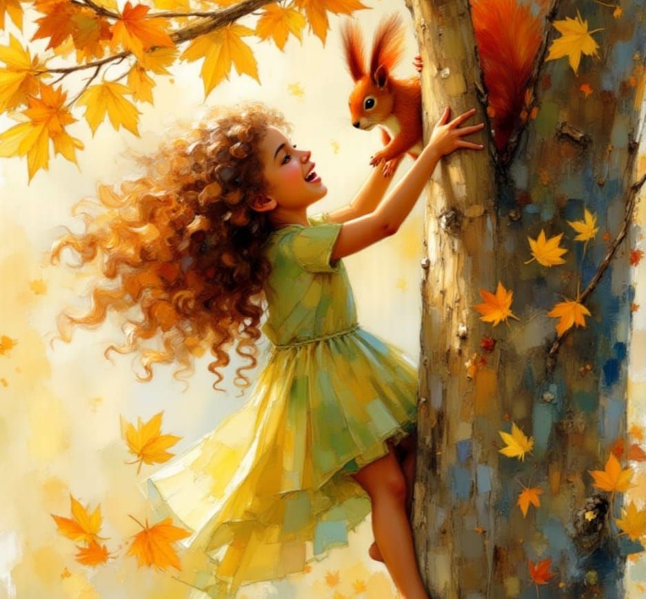 Squirrel and Girl in Dreamy Impasto Autumn Forest