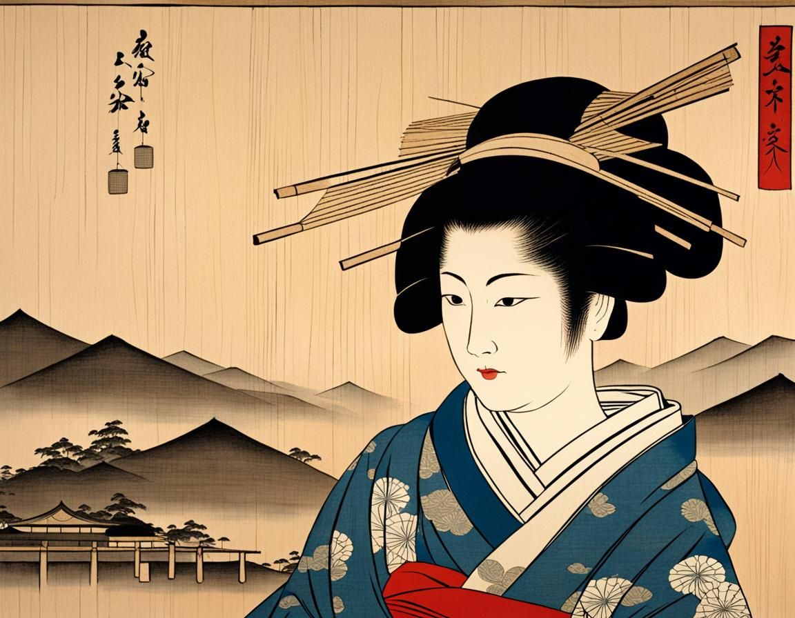 Whimsical Courtesan Portrait in Ukiyo-e Style