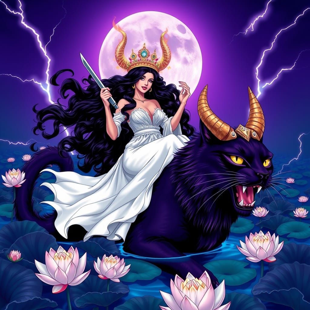 Moonlit Woman with Knife on Purple Cat