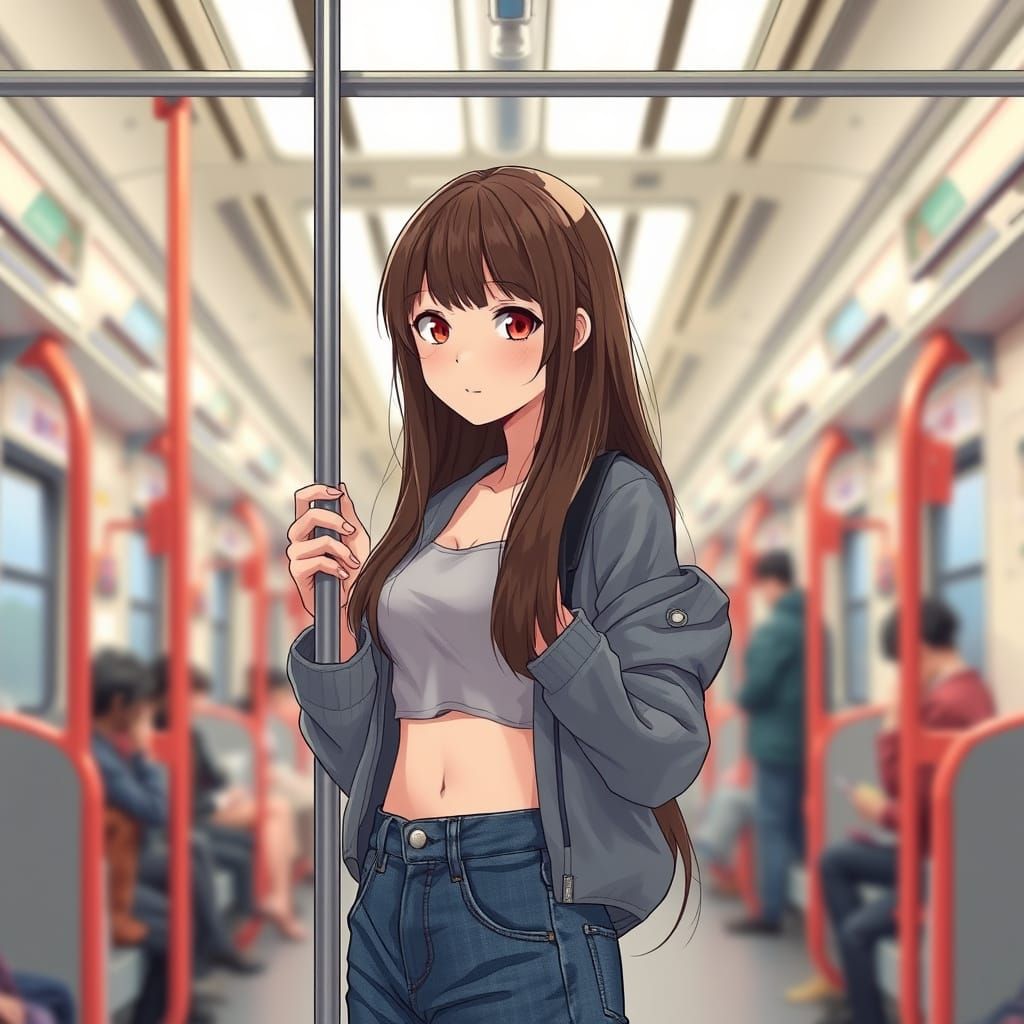 Pretty Young Woman on Train in Kawaii Style