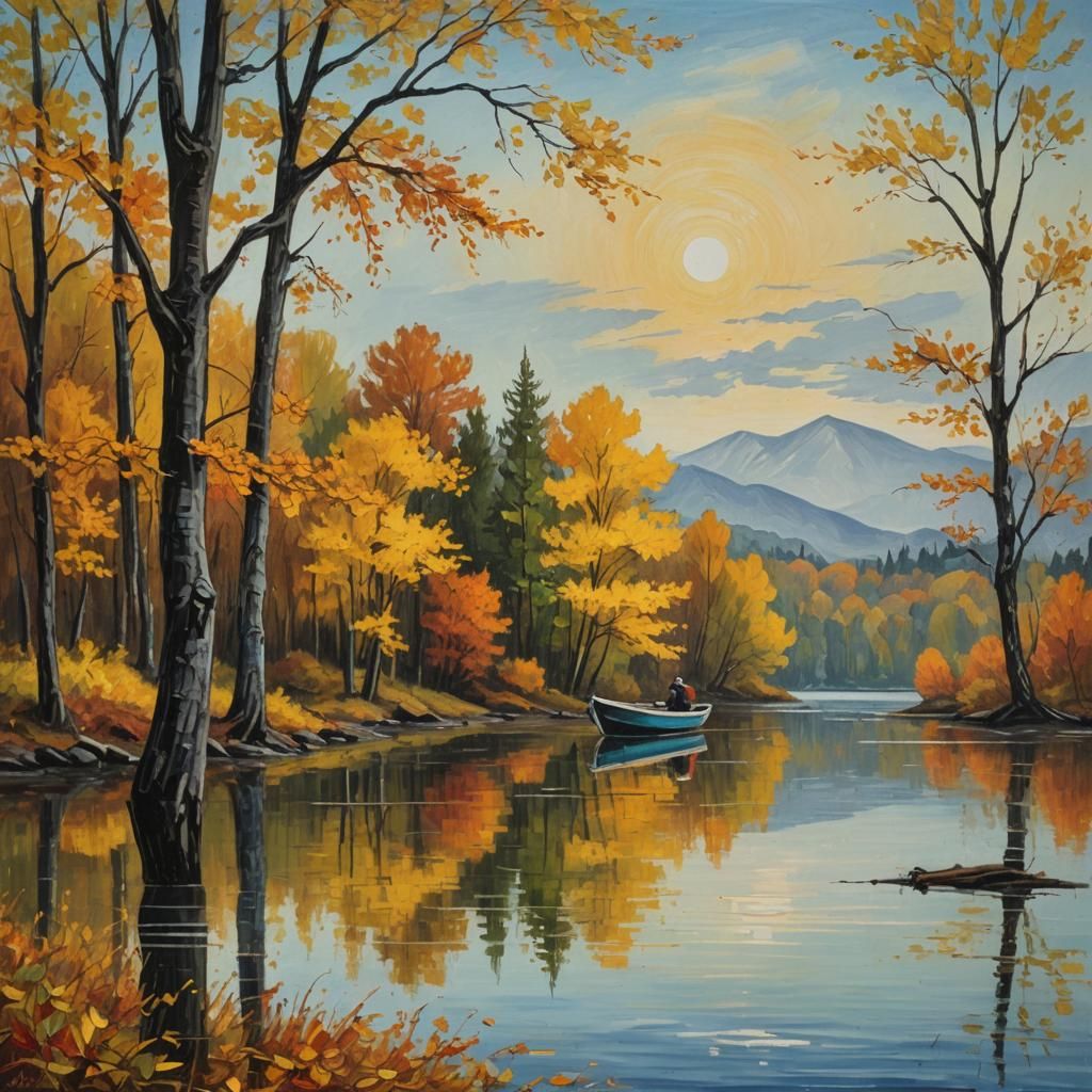 Autumn Lake: Neo-Impressionist Oil Painting with Boat