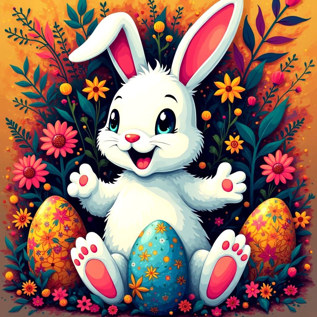 Easter Bunny in Vibrant Pop Art Style with Flowers and Eggs