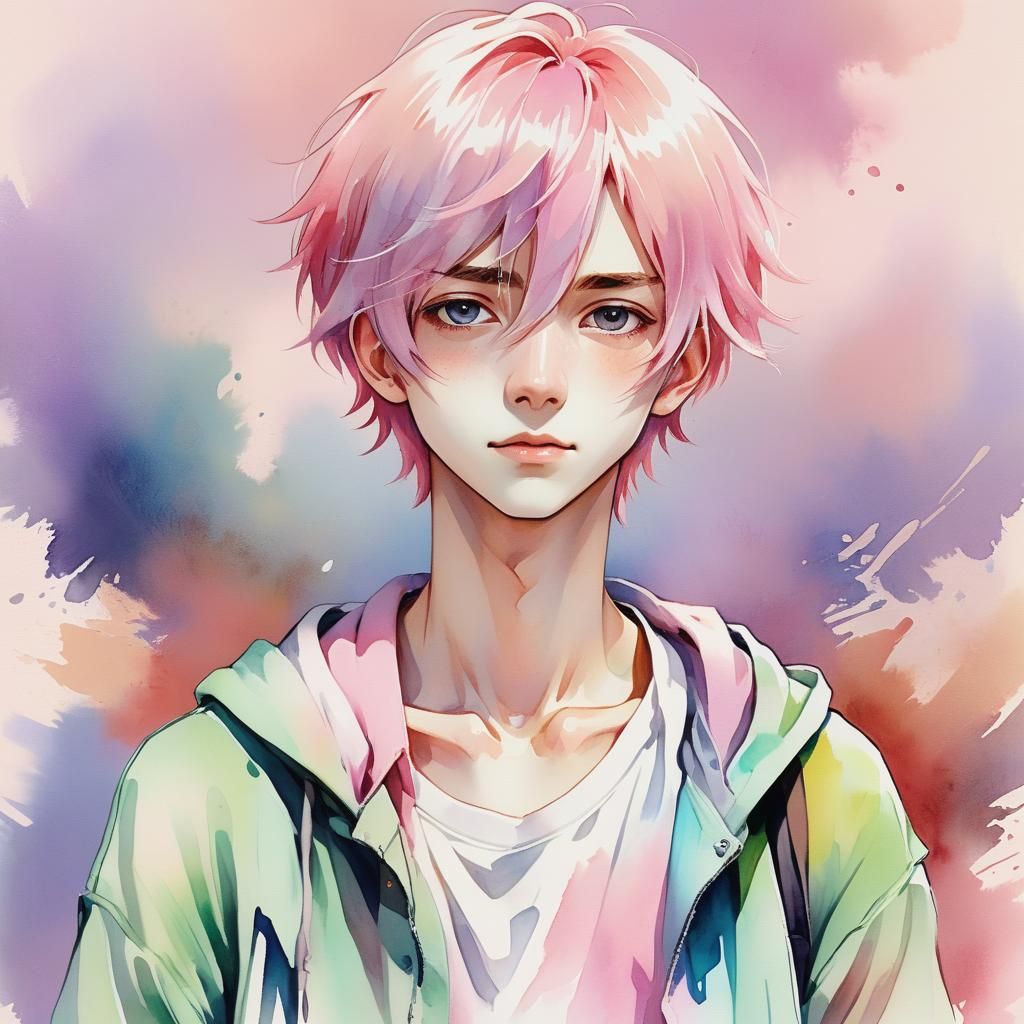Anime Portrait with Pink Hair in Watercolor Style