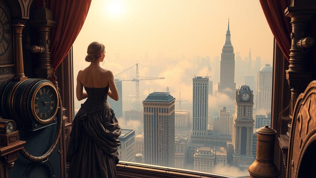 Steampunk Woman in Smog-Shrouded Metropolis at Tiberian Twil...