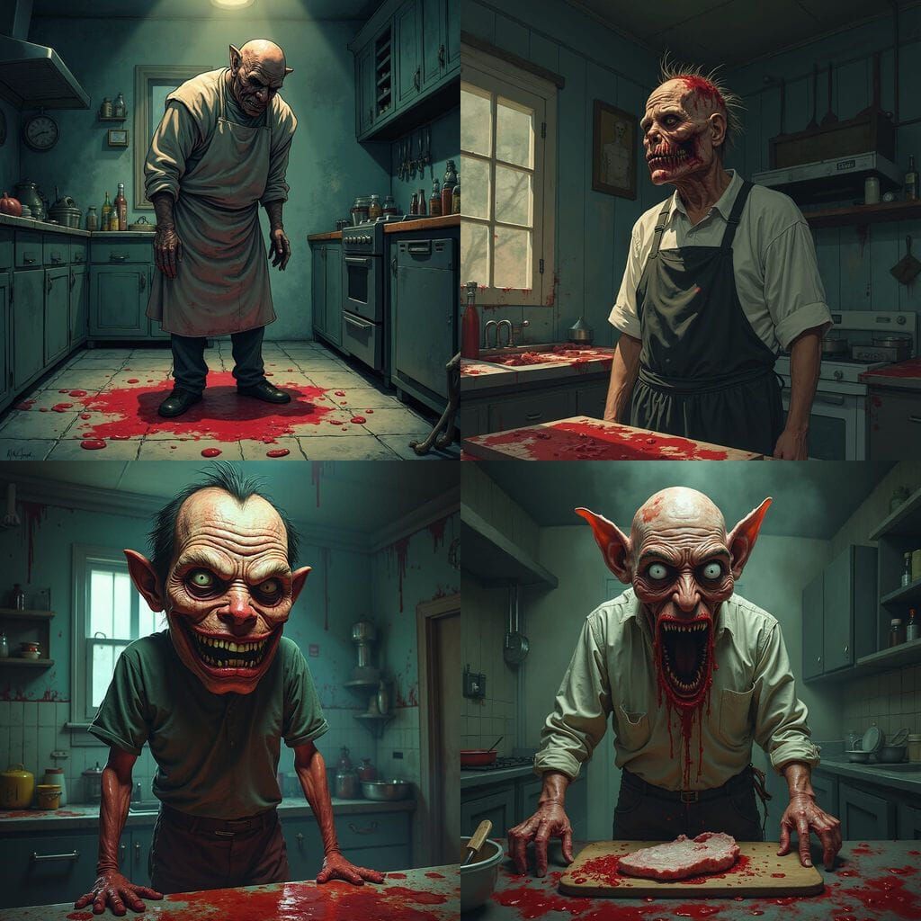 Grotesque Butcher in Dimly Lit Kitchen, Dark Cartoon Horror ...
