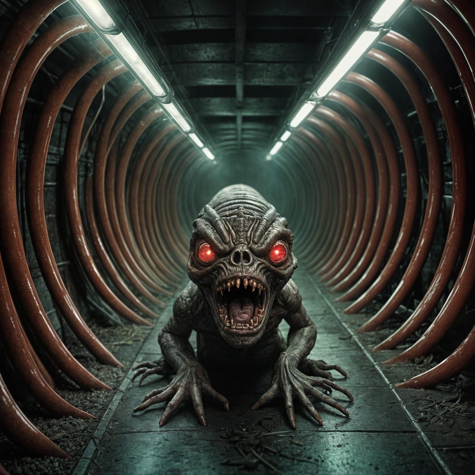 Scary Creatures Emerge from Dark Red Tunnel