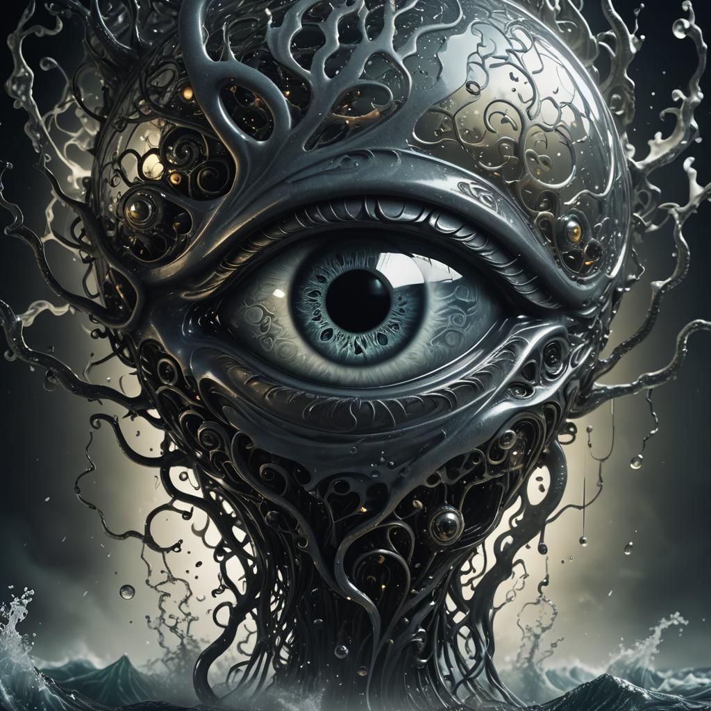 Surreal Glass 'A' with Eye and Brain in Dark Sci-Fi