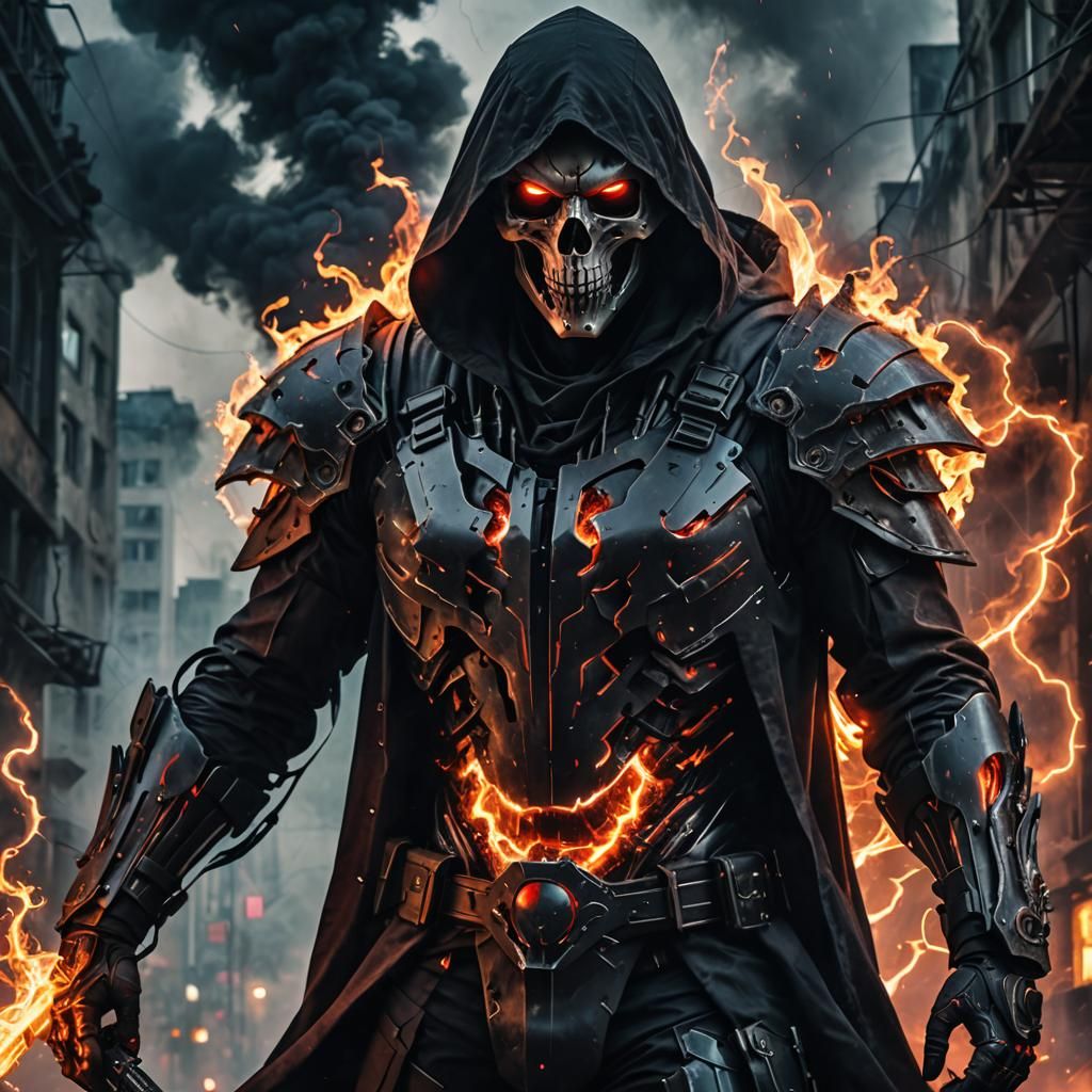 Dark Biomechanical Reaper with Glowing Eyes