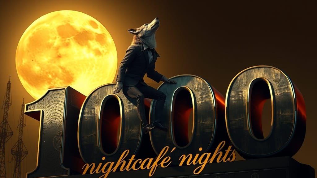 Wolf Howling at Moon Atop Giant Number