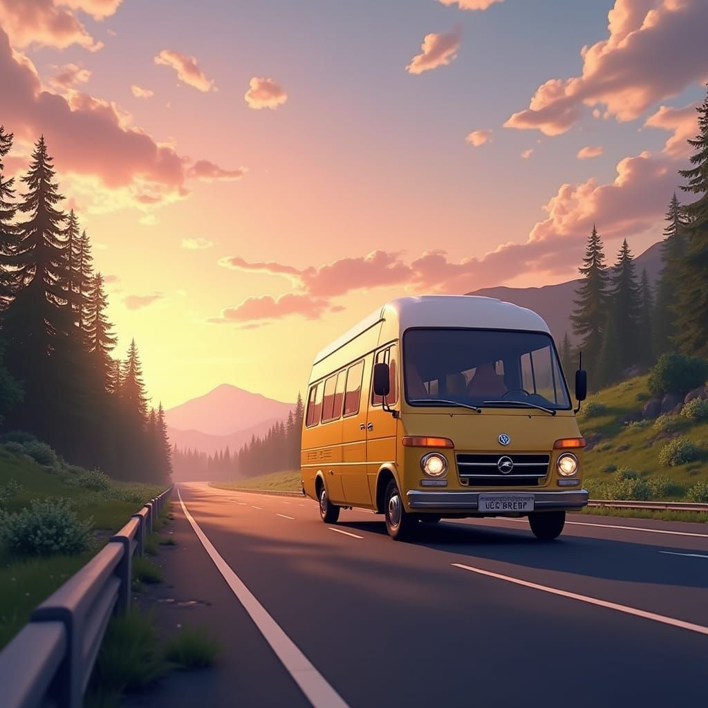Sunrise Serenity: Photorealistic GAZelle Van in Majestic Lan...