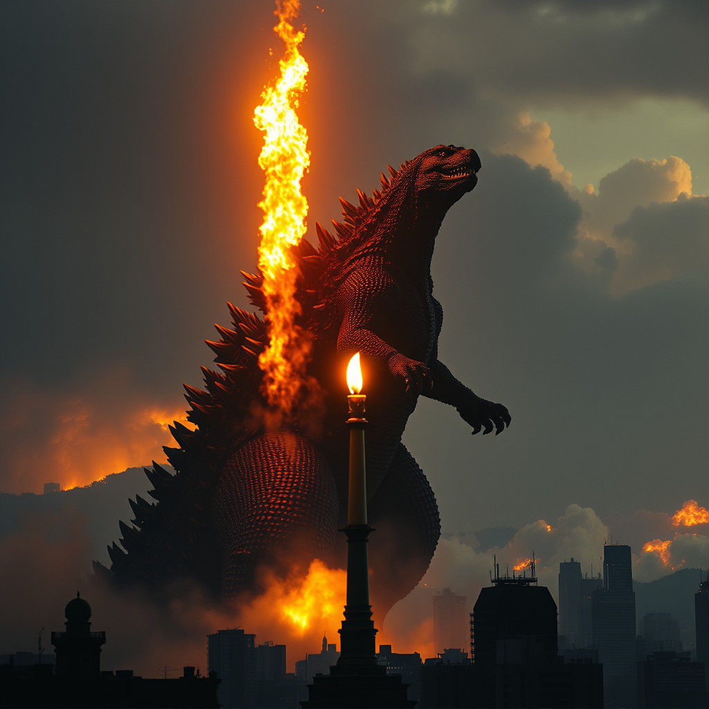 Godzilla Illuminated as a Majestic Monument in a Cityscape