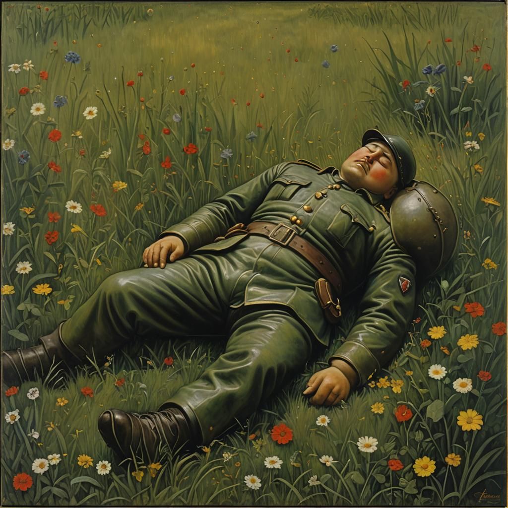 Sleeping Soldier in Meadow: Encaustic Chiaroscuro