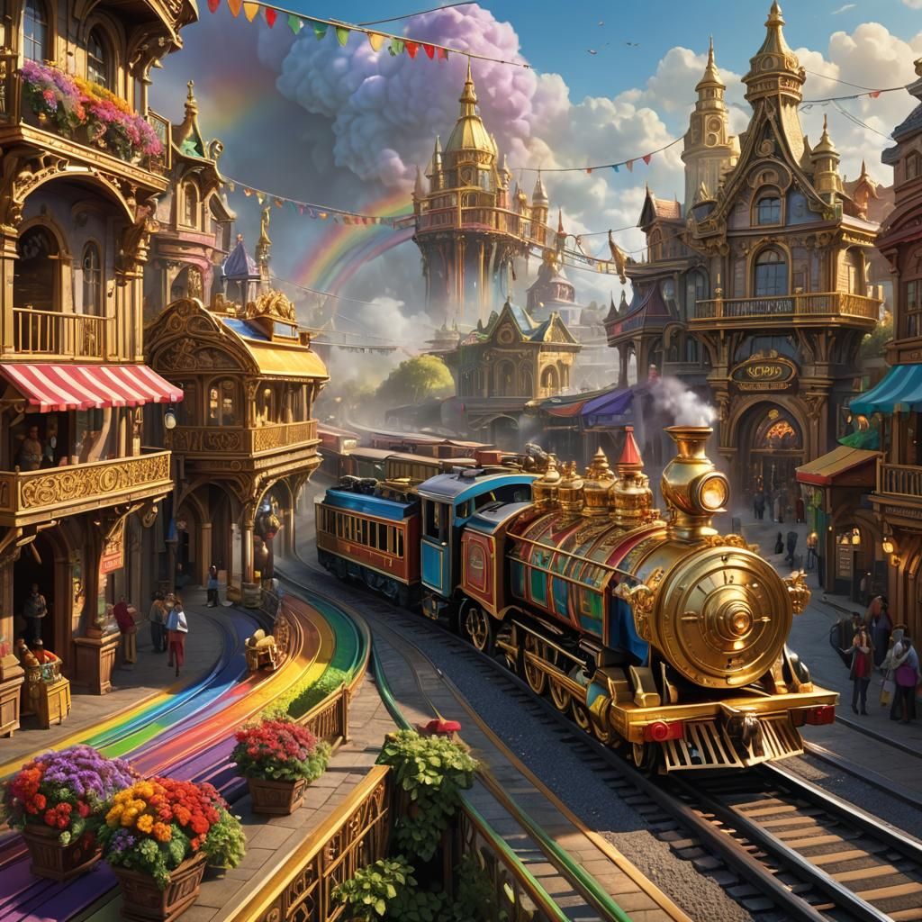 Rainbow Train Fantasy Scene in 3D