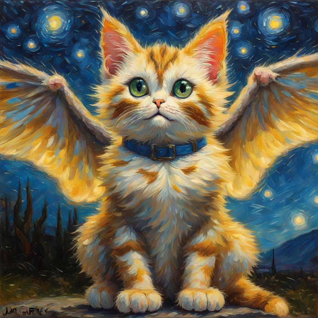 Kemono Cat with Wings in Van Gogh Style